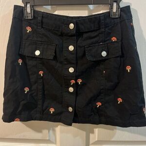 Mushroom Mini Skirt Embroidered Black Women’s L Cotton Button Detail Small